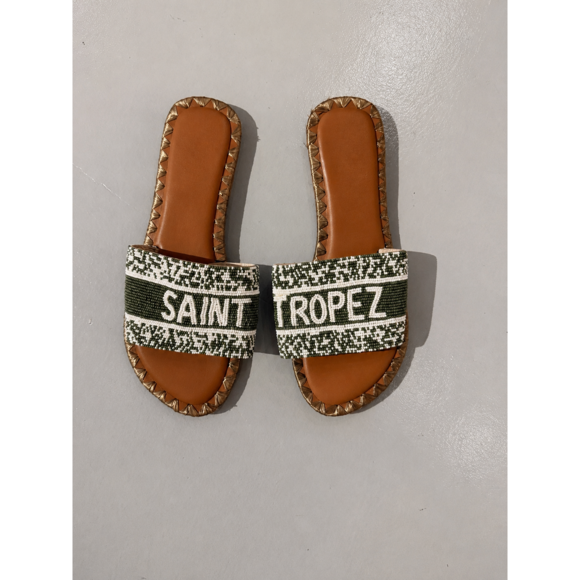 St. Tropez Shoes - Saint Tropez Sandals in Olive Green Slides Leather & Beads